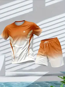 Men's Sportswear Set, Athletic Activewear Tracksuits, Workout Gym Clothing, Short Sleeve Tee & Shorts, Gradient Color, Fitted Design, All Season Casual Wear, Workout Summer Clothes