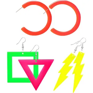 3 Pairs 80s 90s Neon Earrings for Women and Girls - Retro  Drop Earrings with Yellow Bolt, Orange Round, Triangle/Square Designs - Ideal Costume for Dancing Glow Party Accessory