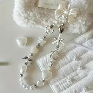 Cute Bow & Heart & Faux Pearl Decor Beaded Phone Chain, Anti-lost Phone Lanyard, Fashion Phone Strap for Women & Girls, Phone Accessories for iPhone, Phone Charms, Phone Wrist Strap