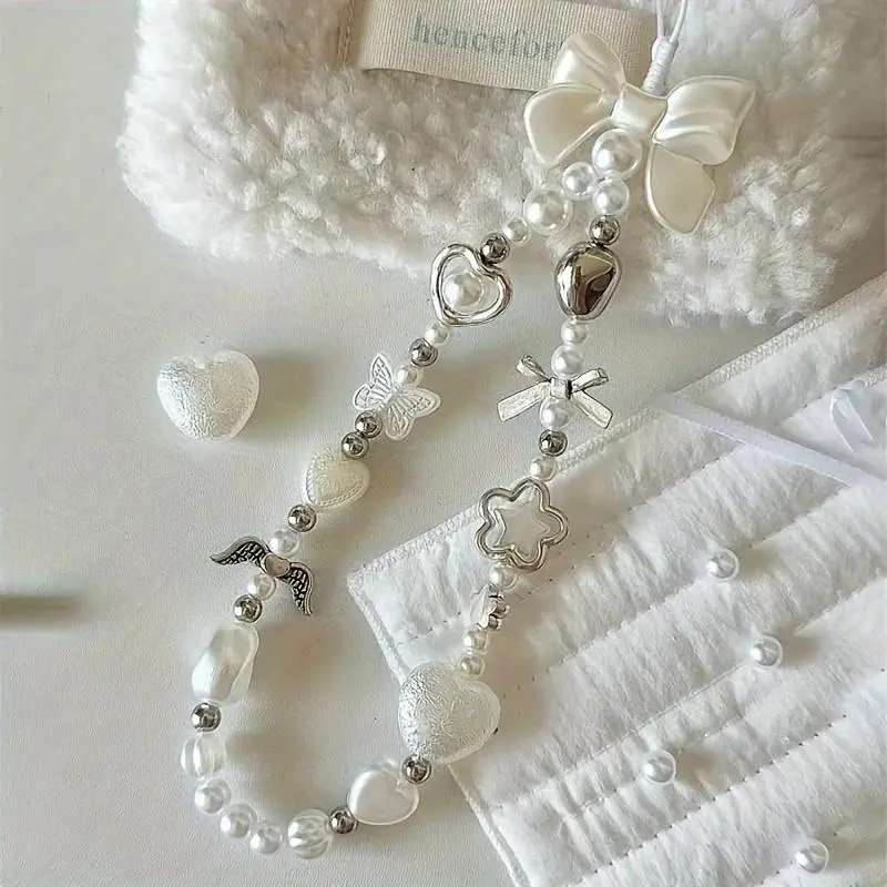 Cute Bow & Heart & Faux Pearl Decor Beaded Phone Chain, Anti-lost Phone Lanyard, Fashion Phone Strap for Women & Girls, Phone Accessories for iPhone, Phone Charms, Phone Wrist Strap