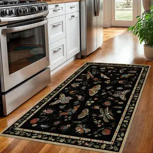 Velvet, washable rug with insect and floral decorative patterns; soft, stylish, non-slip rug suitable for bedrooms, living rooms, dining rooms, and kitchens.