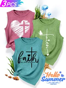 Women's 3-Pack Casual Crew Neck Sleeveless Tank Tops, Butterfly Cross, "Faith" Cross & Hand-Drawn Cross Heart Print, Multiple Colors Available, Machine Washable, Spring & Summer Top, Soft Skin-Friendly Fabric, Daily Versatile, Fashion Design