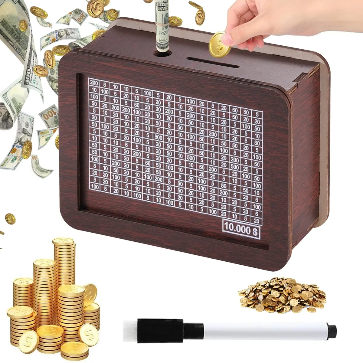 Wooden Money Saving Jar with Counter, Coin Counting Piggy Bank for Kids Adults, Emergency Fund Savings Box, Christmas Festival Gift, Cash Saving Box, Money Storage Box