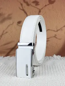 1Pcs men's automatic buckle belt, white alloy automatic buckle, hollow element, 1.38in white embossed belt, PU material, All Seasons Belt, suitable for work, leisure, sports, festivals, daily life, gifts, Solid Color Belt