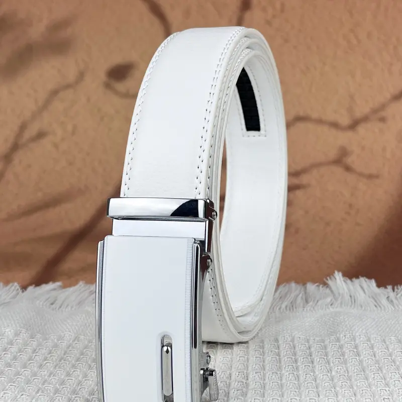1Pcs men's automatic buckle belt, white alloy automatic buckle, hollow element, 1.38in white embossed belt, PU Leather Belts, All Seasons Belt, Fashion Belt, Belt With Buckle, suitable for work, leisure, daily life, gifts, Solid Color Belt