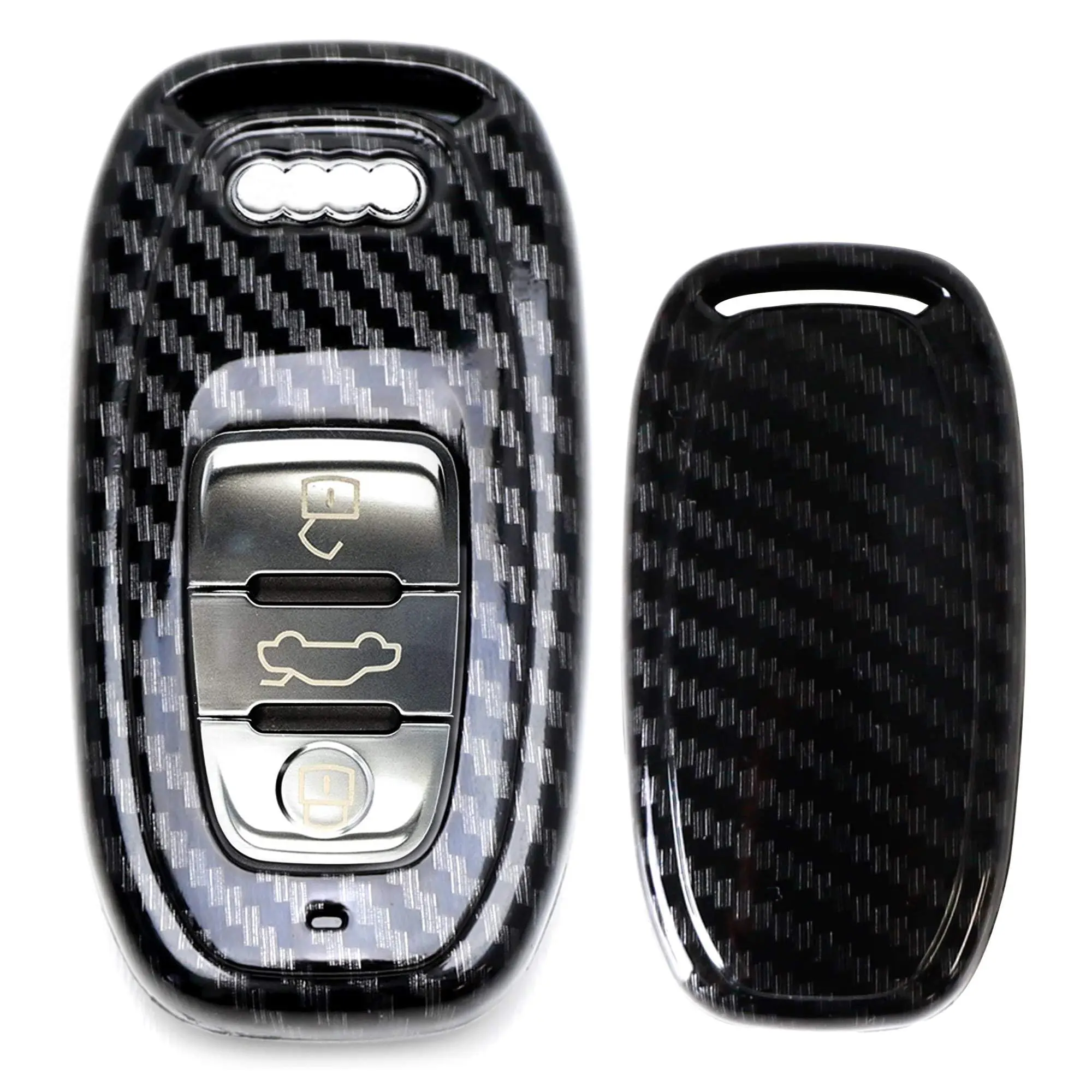iJDMTOY Exact Fit Glossy Metallic Black Carbon Fiber Pattern Smart Remote Key Fob Shell For Audi A3 A4 A5 S4 S5 A6 A7 A8 Q3 Q5 Q7, etc Gen1 Key Car Key Cover Car Key Protector