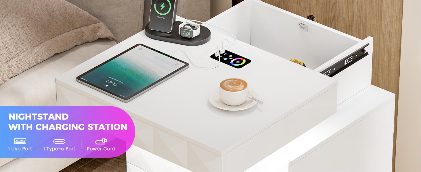 Dystler LED Nightstand Set of 2 with Charging Station,3 Drawers Night Stand with Lockable Hidden Storage,Smart Bedside Table with Human Sensor RGB Lights for Bedroom,white Dystler LED Nightstand Set of 2 with Charging Station,3 Drawers Night Stand with Lockable Hidden Storage,Smart Bedside Table with Human Sensor RGB Lights for Bedroom,white