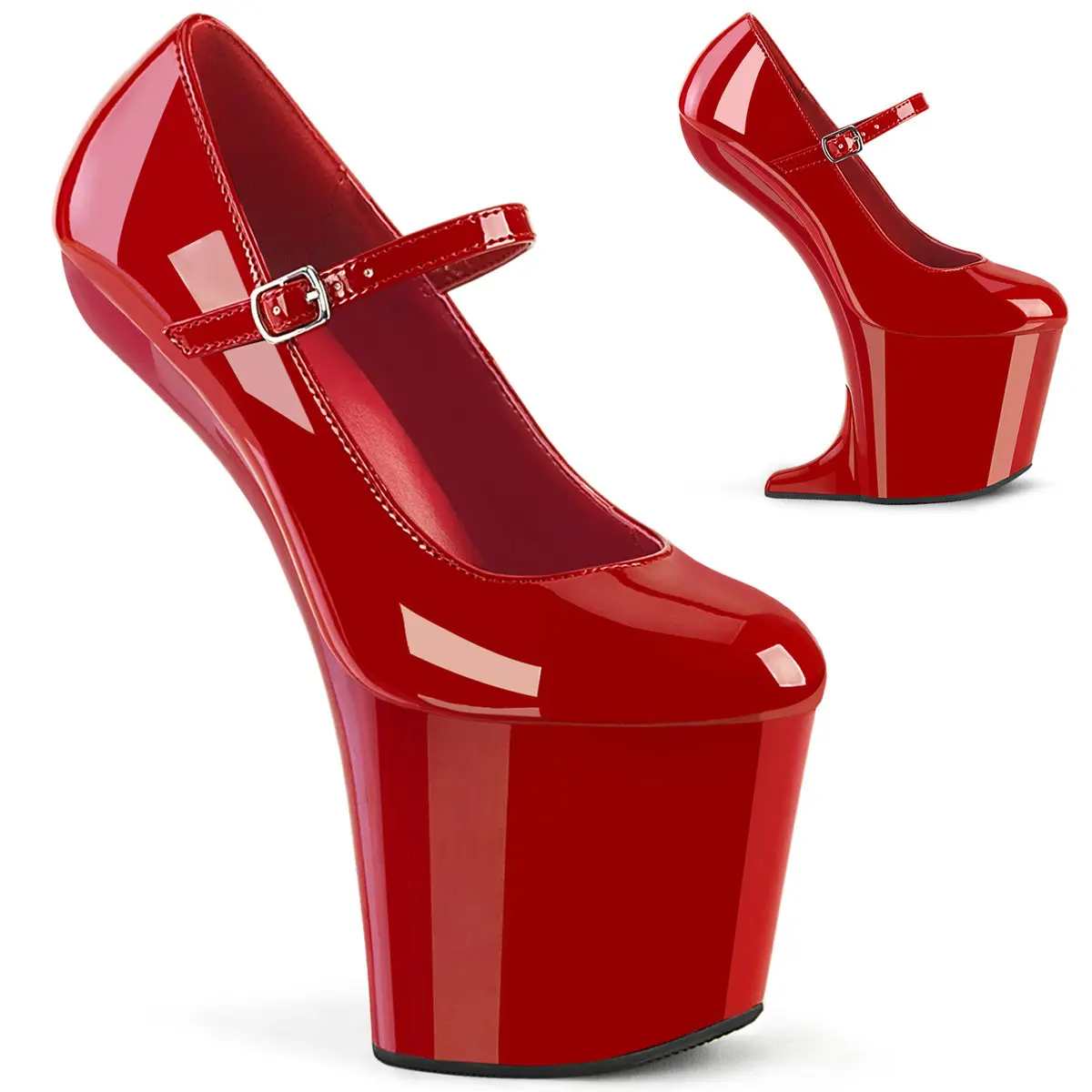 Women's Red Patent Mary Jane Pumps, 8-Inch Heelless Platform Heels with Convertible Oxford Wedge, Footwear, Shoe, High Heels, Fashion, Synthetic, Elegant, Stylish, 8 In, Adjustable Strap, Display Looks, Stage