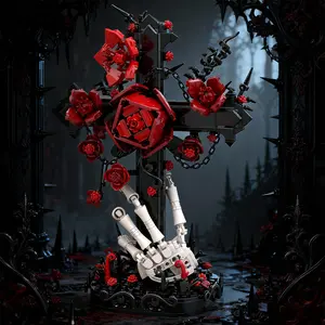 Gothic Plant Art Building Blocks Kit Hand Assembled Skeleton Cross Rose Decor for Desktop Ornament & Holiday Gift DIY Craft Kit