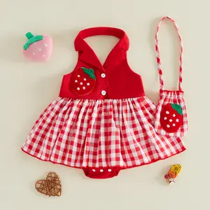 Baby Girl Summer Outfits Casual Strawberry Plaid Lapel V Neck Sleeveless Romper Dress Headband and Bag 3 Pcs Set