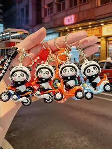 4pcs Cute Cartoon Panda Riding Motorcycle Keychain Set, Cute Keychain Accessory, 3D Kawaii Panda Keychain with Braided Wrist Strap, Durable Anti-Lost Key Holder Bag Purse Charm, Cute Keychain for Women Backpack Car Keys Birthday Gift Party Favors