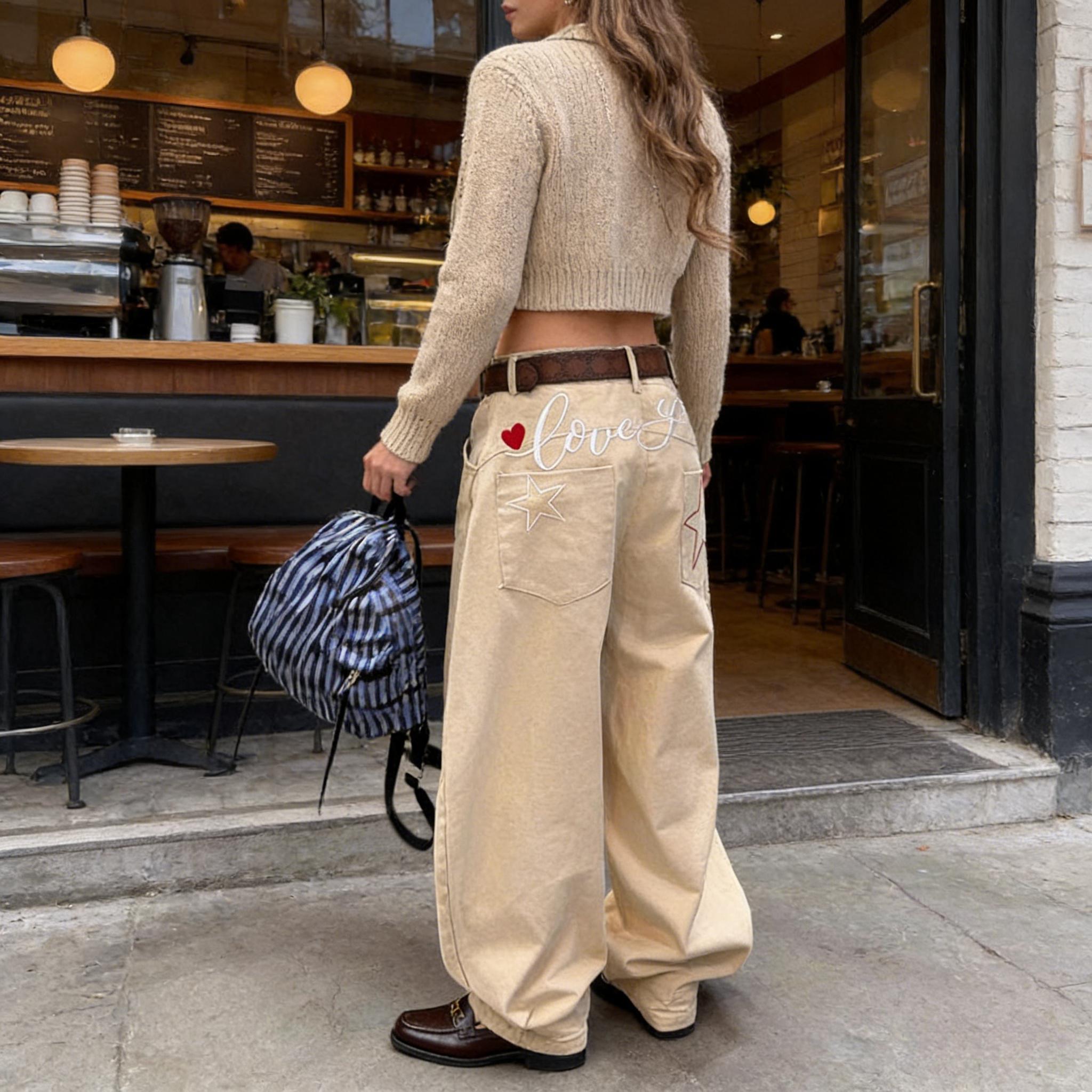 Beige Y2K Wide Leg Baggy Pants, Love You Embroidered Star Patch Cargo Trousers, Vintage High Waisted Casual Streetwear, Oversized Loose Fit Denim Jeans for Women, 2000s Aesthetic Fashion
