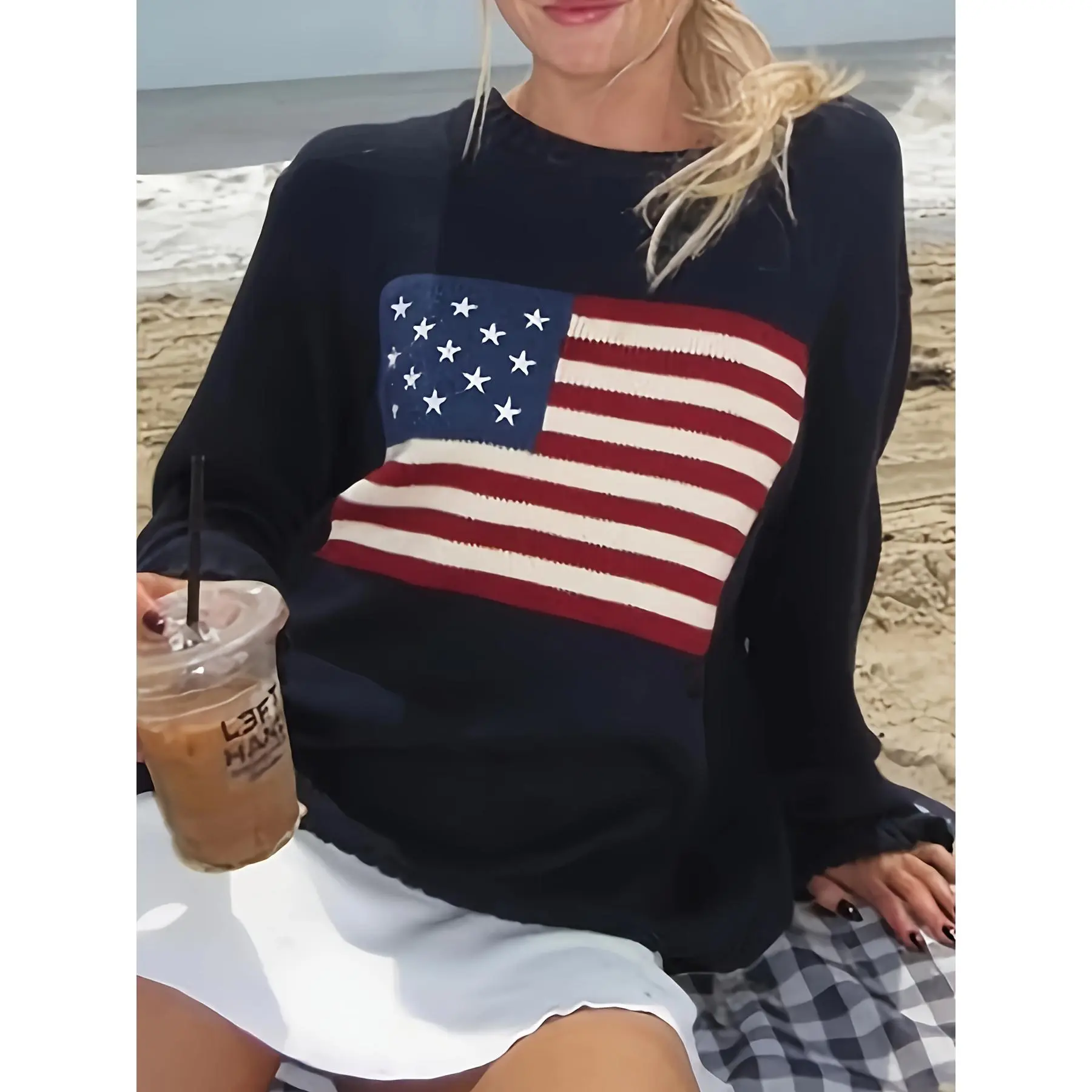 American Flag Pattern Pullover Sweater, Casual Crew Neck Long Sleeve Sweater, Women's Clothing