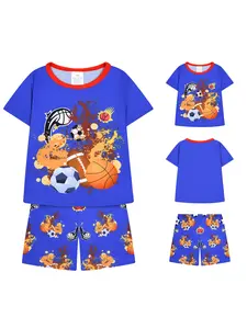 Spring Summer New Boys' Sleepwear Short Sleeve Shorts Blue Set, Sports Style Basketball Football Prints, Soft Breathable Fitted Pajamas