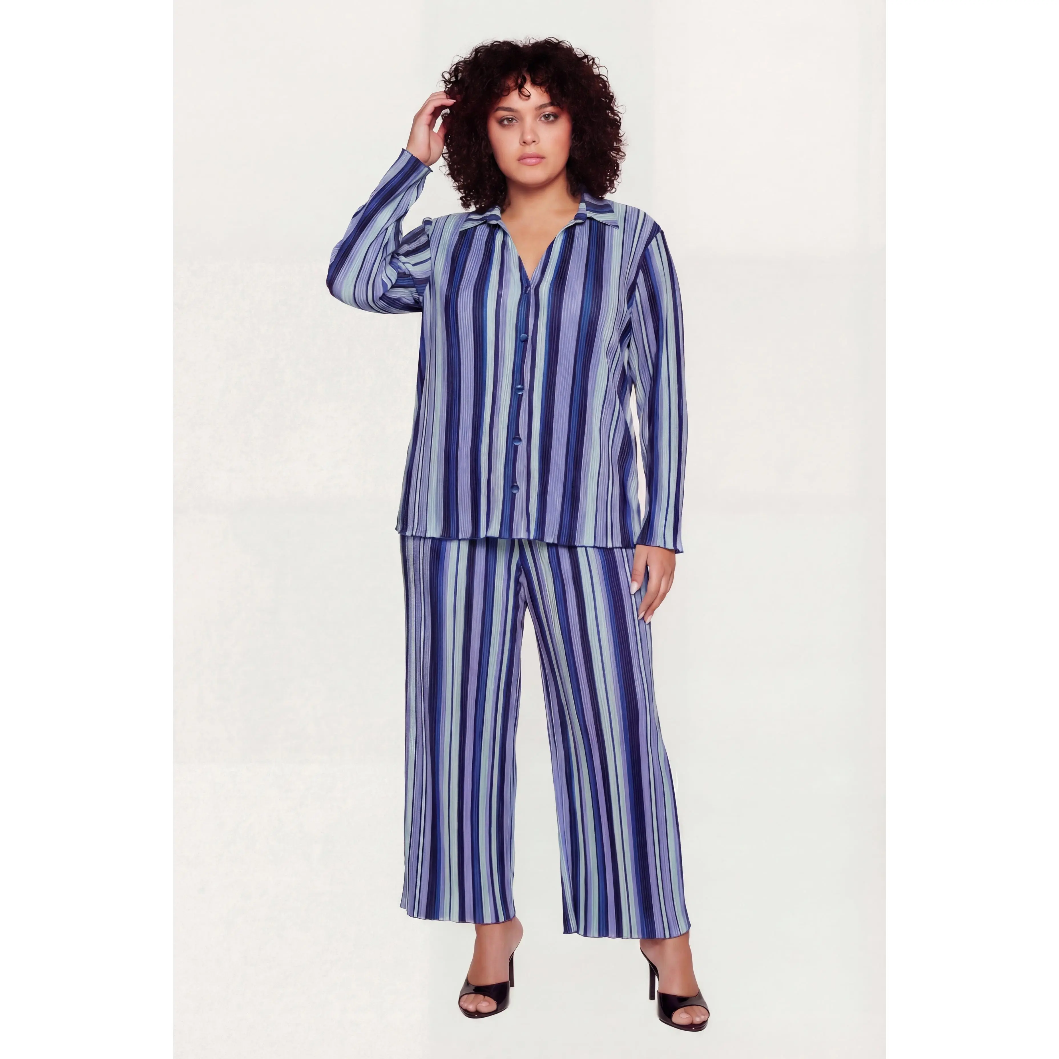 Plus Size Striped Plisse Wide Leg Pants Plus Size Striped Plisse Wide Leg Pants