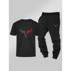 Men's Regular Fit Bull Head Print Top & Sweatpants Two-piece Set, Casual Top & Jogger Pants for Fall & Winter, Men's Two-piece Outfits for Daily Wear