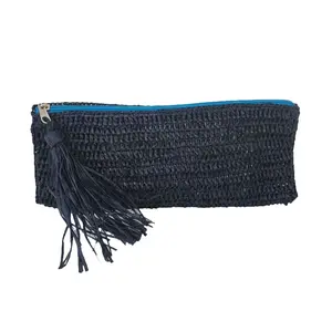 Mar Y Sol Women's Emily Slim Clutch Wristlet - Boho Chic, Casual, Lightweight Crochet Raffia Clutch with Tassel Detail, Navy