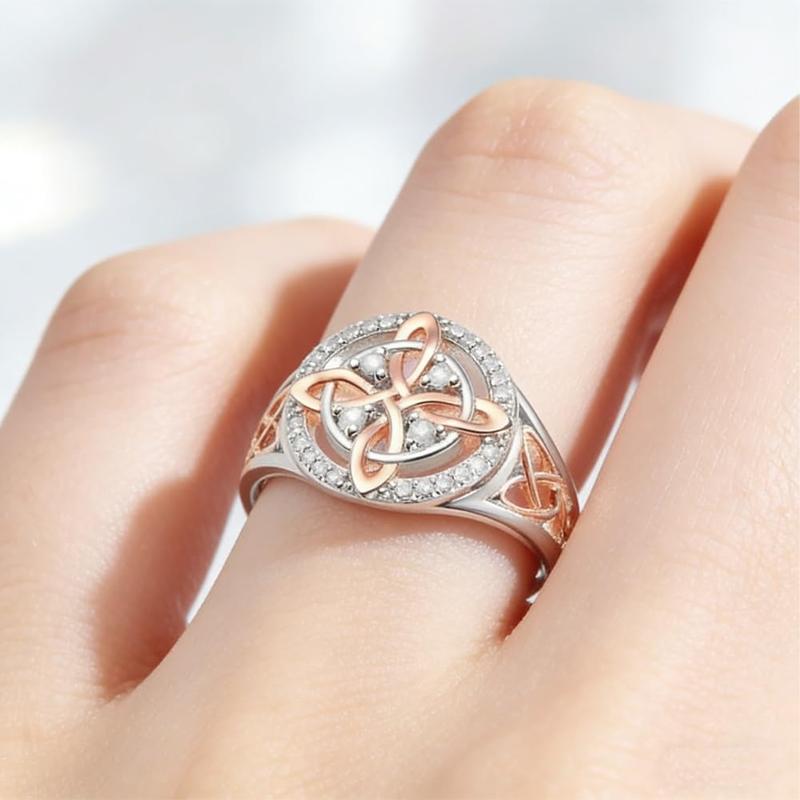 925 Sterling Silver Rose Gold Plated Celtic Knot Ring, Anillo Nudo de Bruja Plata 925 Original Witch Knot Jewelry, Cubic Zirconia Decorated S925 Witches Knot Ring, Witchtok Witch Jewerly Pagan Jewelry for Devotion for Protection