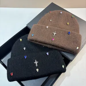 Women's 100% Plush Knit Cap Beanie - Crystals Hat with Colorful Rhinestone Accents, Wax Plush Earmuffs, Winter Outdoor Warm Soft Headwear for Casual Wear, Christmas, Camouflage Style