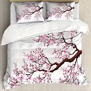 3-Piece Japanese Quilt Set, Blooming Cherry Blossom Branches Spring Theme Art, Decorative Bedding Set with 2 Pillowcases