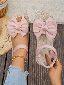 New Summer Butterfly Knot Sandals for Women, Elastic Back Strap, Sweet Style, Casual Office Wear, Comfortable Flat Shoes