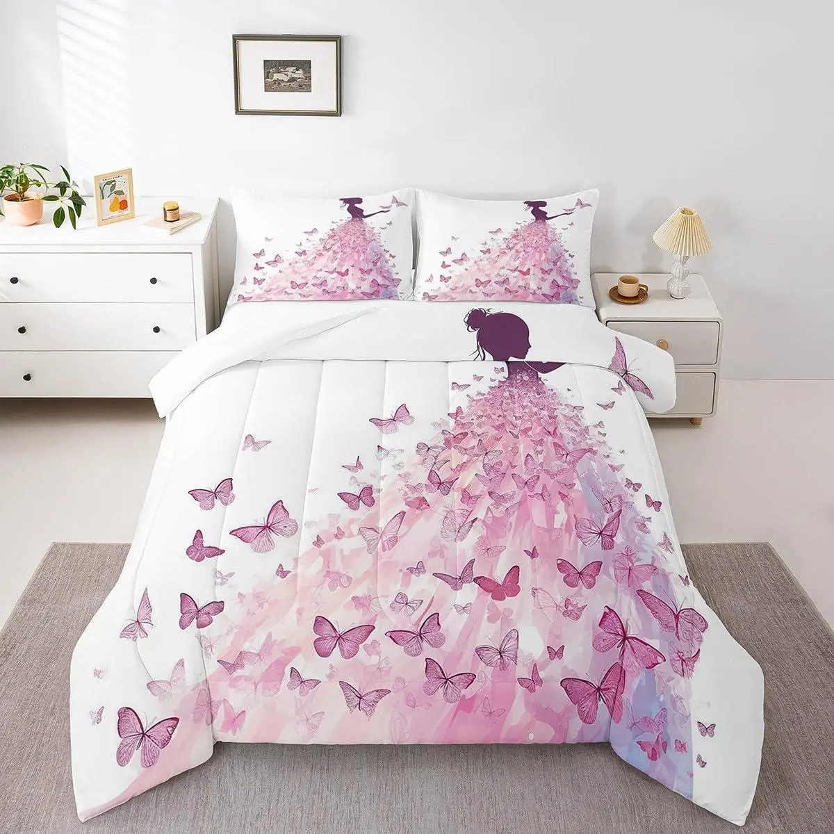 Pink Butterfly Comforter Set,Princess Butterfly Bedding Set Women,Adults Watercolor Art Comforter,Butterfly Dress Quilted Duvet Set Bedroom Collection