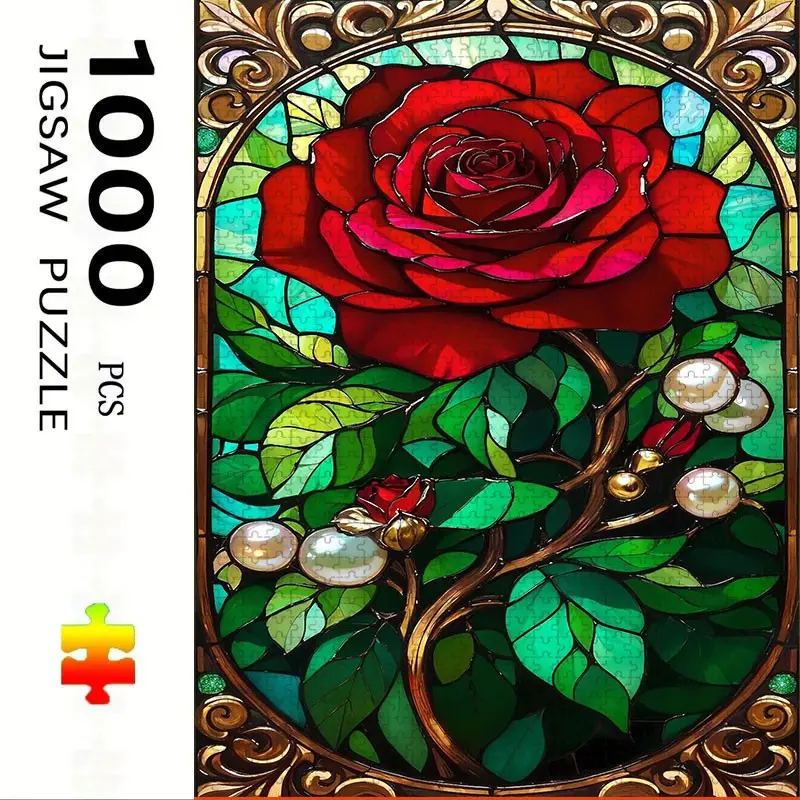 1000 Piece Glass Rose Jigsaw Puzzle, Large Adult Family Interactive Toy, DIY Home Decor Brain Challenge, Holiday Scene, Perfect Gift