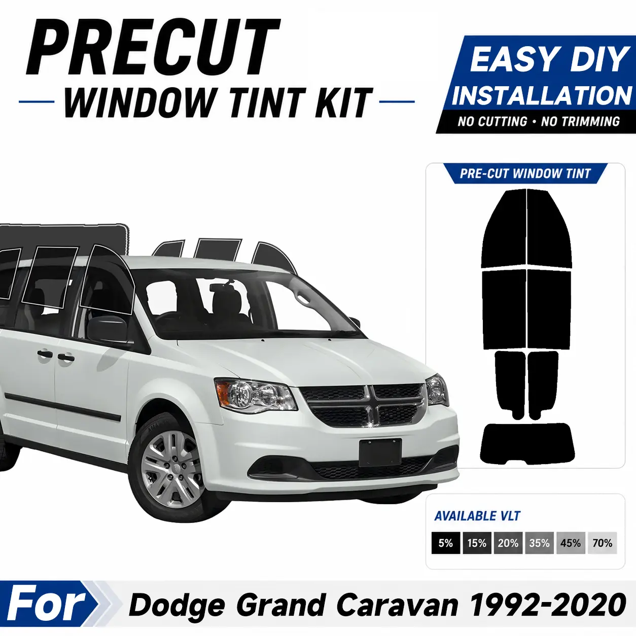 Precut Window Tint Film for Dodge Grand Caravan 1992-2020 All Side+Rear Windshield Any VLT 2Ply Anti-Shatter, UV Block, Privacy Protection, No Trimming Needed,Heat & Glare Reduction