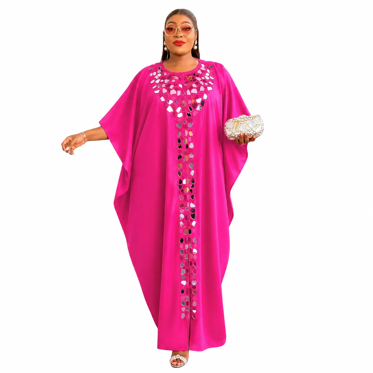 Elegant Pink Caftan with Heart Sequins and Long Sleeves for Women