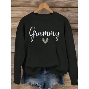 Women’s heart-shaped letter print crewneck pullover sweater, casual loose long-sleeve off-shoulder sweater, autumn and winter loungewear