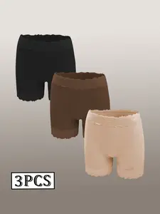 3 Pack 3 Colors Full Lace High Waist Anti-Chafing Safety Shorts, High Stretch Tummy Control Butt Lifting Snug Fit, No Rolling Edge No Pinching, Under Dress Shorts For Home Commute Daily Wear Panties