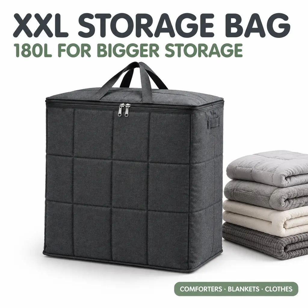 Storage Bag, 180L XXL Foldable Bedding Organizer, Dust & Moisture Resistant Heavy Duty Fabric, Space Saving for Seasonal Clothes Comforters Blankets, Home Closet Dorm Moving Camping