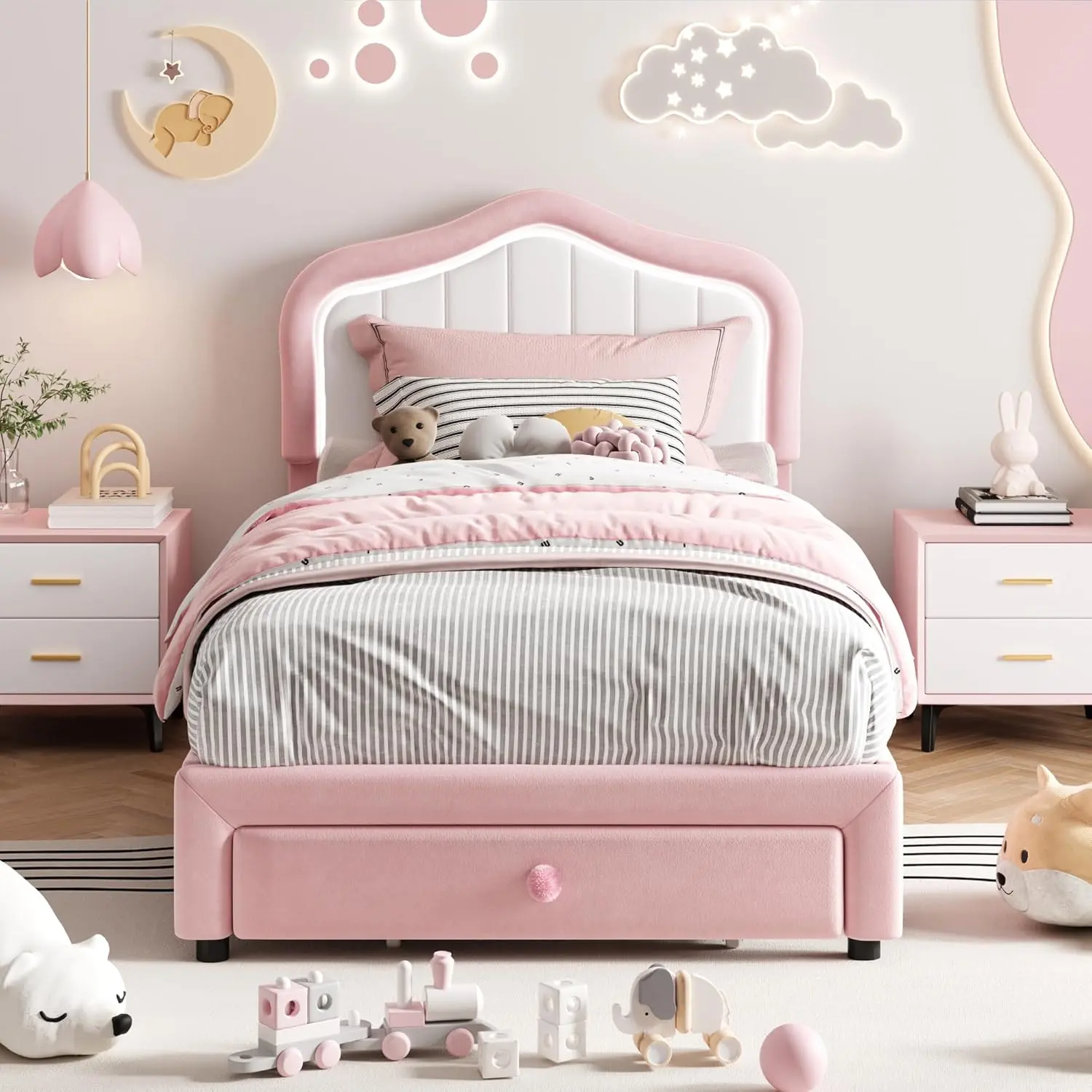 Upholstered Twin Bed Frame with LED Lights and Storage Drawer, Cute Velvet LED Bed Frame with Headboard for Kids, Girls, Boys, No Box Spring Needed, Pink