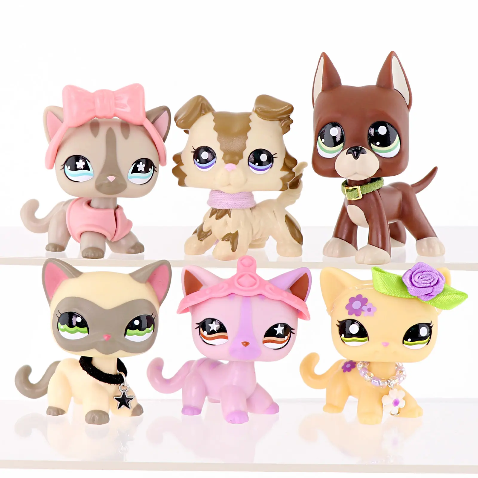 6 Pcs Big‑Eyes Cartoon Animal Mini Figurines Set, Cute Kitten & Puppy Figures with Fashion Outfit Accessories, Collectible Small Pet Playset, Desktop Ornament Cake Topper, Toy Gift for Kids Boys Girls