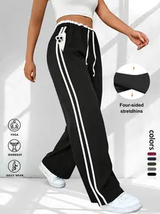 Plus Size Women's Wide-Leg Elastic-Waist Sweatpants with Drawstring Waist Athleisure, Frill Trim and Pockets Design, Sporty Side-Stripe Trousers for Various Occasions