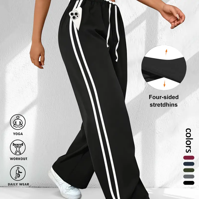 Plus Size Women's Wide Leg Pants with Drawstring Elastic Waist, Lace Trim Design and Pockets, Sporty Side Stripe Trousers, Casual Sporty Pants for Various Occasions