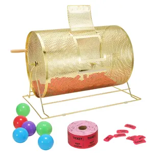 【Summervibes】VEVOR Raffle Drum, Holds 10000 Tickets or 300 Ping Pong Balls, Metal Lottery Spinning Drawing with Wooden Turning Handle, 14.8 x Ø21.26 inch Brass Plated Raffle Ticket Spinning Cage, for Bingo Ballot