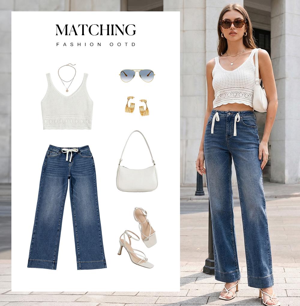 Sidefeel Women's Wide Leg Jeans High Waisted Stretchy Straight Leg Baggy Drawstring Zimbaplatinum Denim Pants