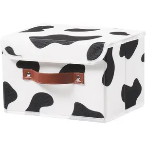 Storage Bin with Lid Cow Print Cute Fabric Storage Basket Box with Faux Leather Handles PP Plastic Board Foldable Washable Lidded Cotton Linen Closet Shelf Organizer Container (Small Size)