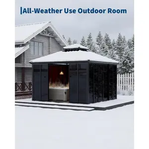 12x12 ft Enclosed Garden Sunroom Gazebo, Hardtop Solarium with Double Polycarbonate Roof & Floor-to-Ceiling Sliding Doors, Durable All-Aluminum Alloy Frame for Backyard, Deck, Patio & Hot Tub Enclosure