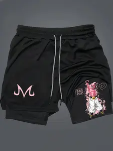 DRAGON BALL Print 2 in 1 Drawstring Waist Shorts,Quick Dry Swim Trunk,Majin Buu Loose Casual Pocket Track Shorts for Summer,Workout Clothes,Activewear,Casual Athletic Sport Short, Streetwear Sports Shorts