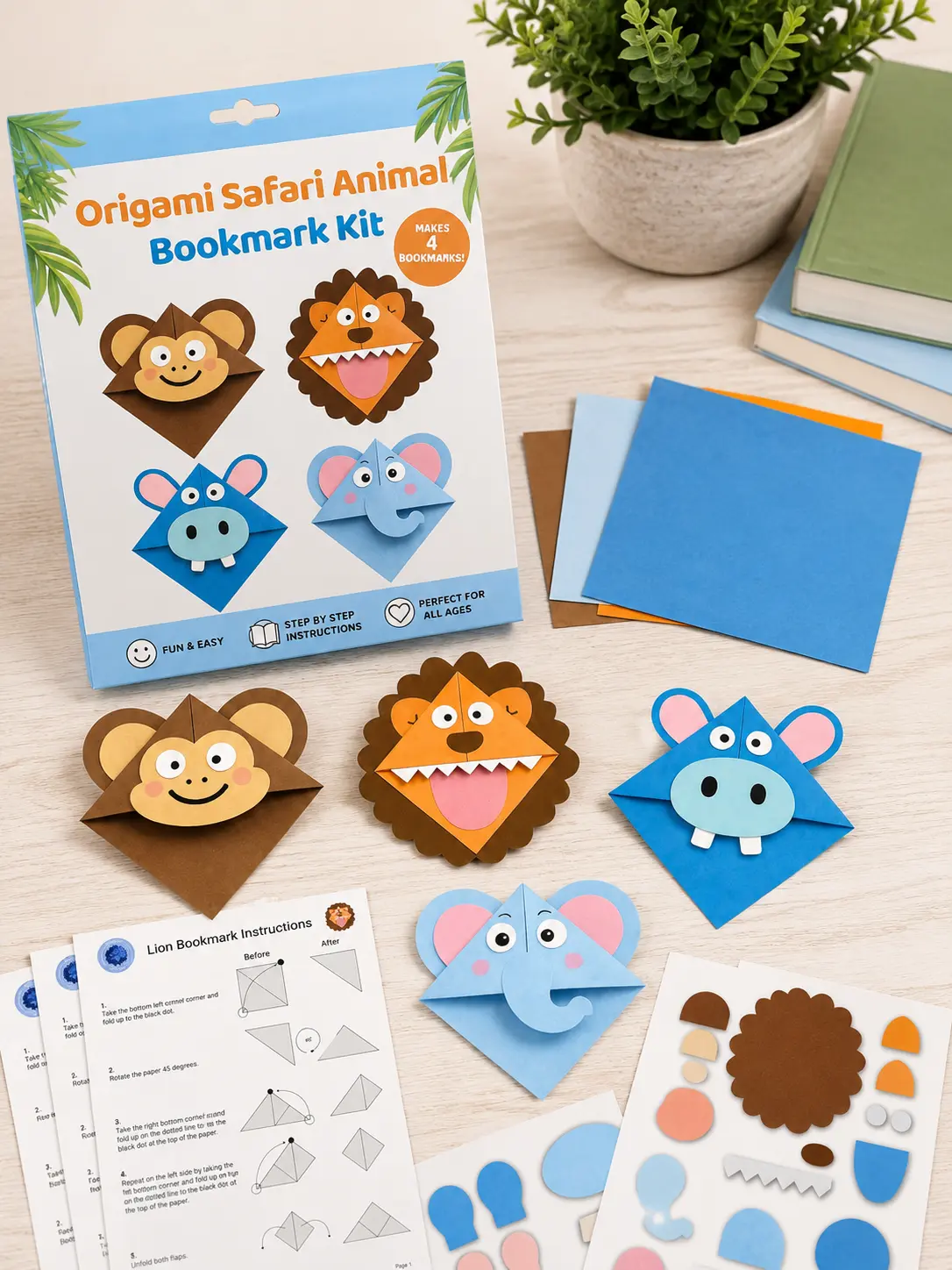 Origami Safari Bookmarks - Bookmark Craft with Animal Shapes, Pre-Cut Paper, Easy Folding, Step Guide for Kids Ages 5+ (Office Stationery)