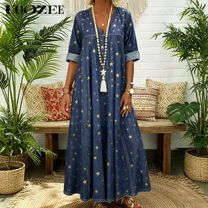 UOOZEE Women's 2026 Summer Star Print Denim Maxi Dress with Pockets, Casual V Neck 3/4 Sleeve Loose Fit Long Dress, Boho Flowy Shift Dress for Women(One Size Up Recommended for C - Cup and Above)