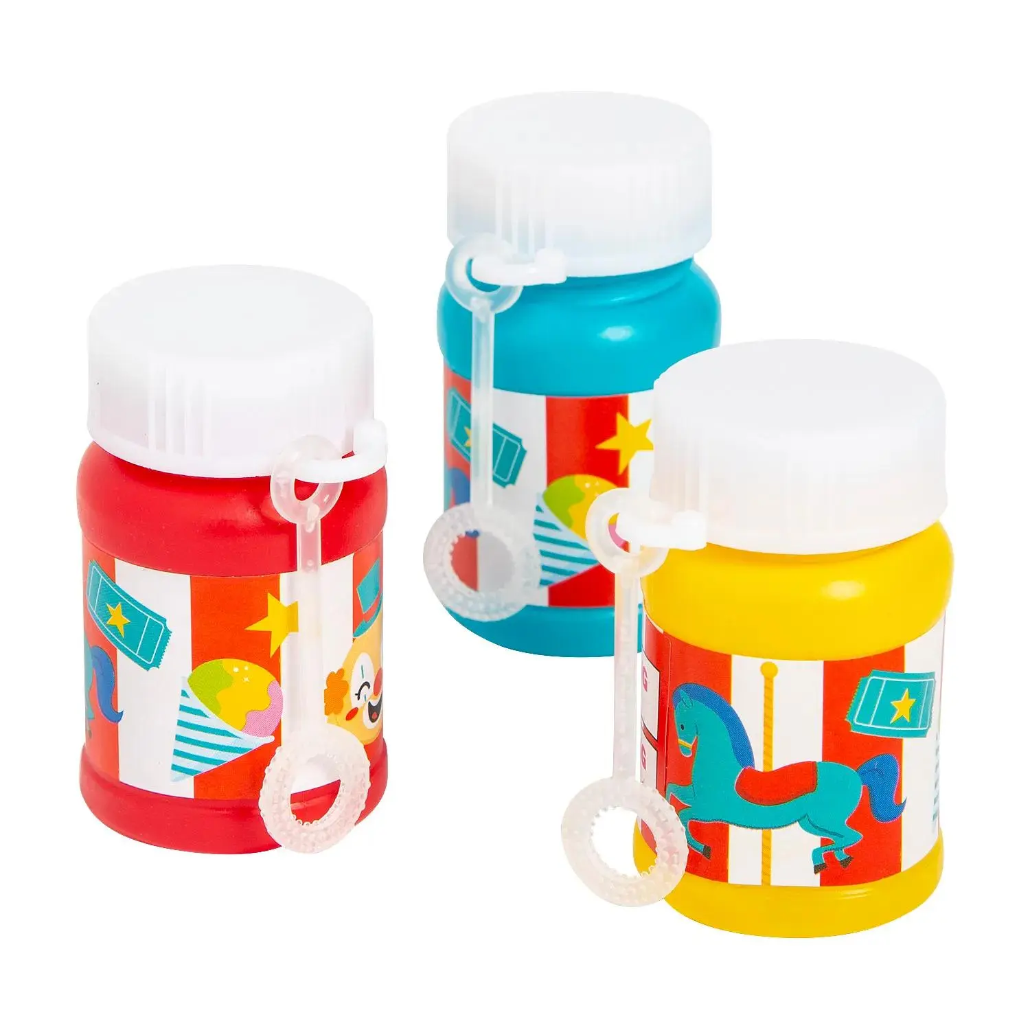 Colorful Mini Plastic Carnival Bubble Bottles with Attached Wands - 24 Pc. Bubble Solution, Oriental Trading Company Party Favor for Ages 4+, Classrooms