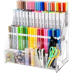 Marker Organizer - 4 Tier 20 Compartments for Pens, Markers, Art Supplies & Office Essentials - Clear Vertical Desk Storage for , Office & School
