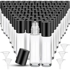 96 count Essential Oil Roller Bottles 10ml Empty Glass Roller Bottles with Stainless Steel Balls Protection Leakproof with 5 Funnel for Travel Perfume Lip Gloss(Clear, Black Lid)