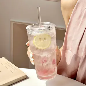 Textured Glass Drinkware 540ml 2 Pack, Leakproof Design Durable Glassware, Minimalist Kitchen Lemonade Cup for Iced Coffee & Drinks