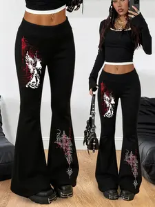 🔥Goth Angel Flared Pants | Y2K Trash Style High-Waist Wide-Leg Pants | Dark Cross Print Streetwear | Gothic Girl and Punk Fashion | Comfortable Stretch Fabric | Suitable for Clubs, Concerts, and Daily Wear ✨tiktokshopspringglowup