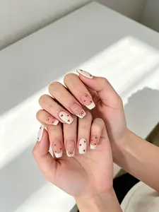 24Pcs White French Tip Press On Nails Nude Medium Square False Nails With Red Heart Bow Star Design Fake Nails For Women Daily Wear Valentine Party Reusable Stick On Nails