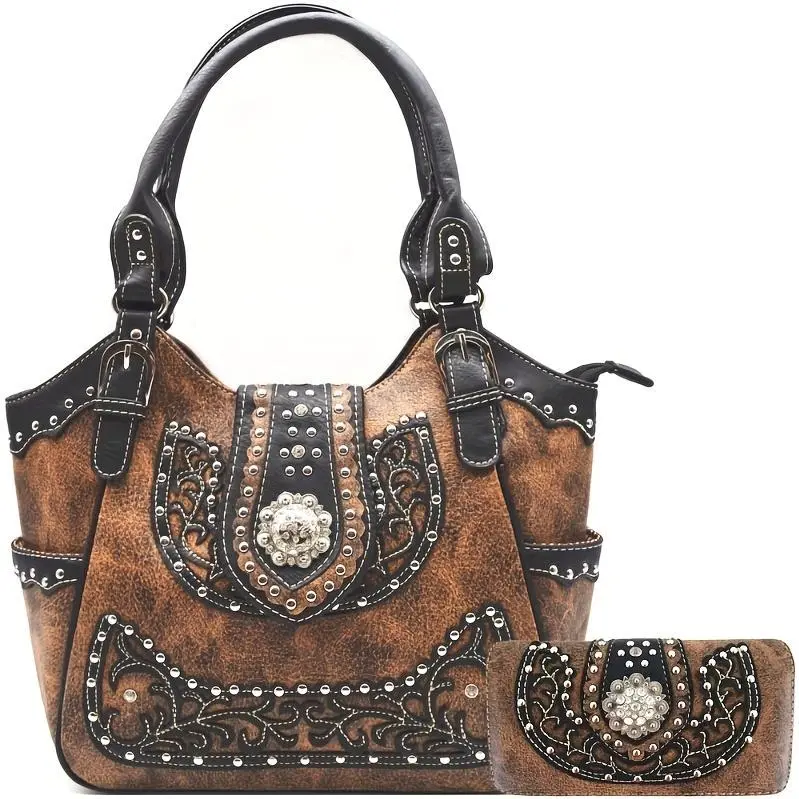 Women' Western Cowgirl Rhinestone & Concho Studded Handbag and Wallet Set - Brown Purse with Zipper Closure, Suitable for Country, Ranch, Daily Use, Gift for Horse /Equestrian Events